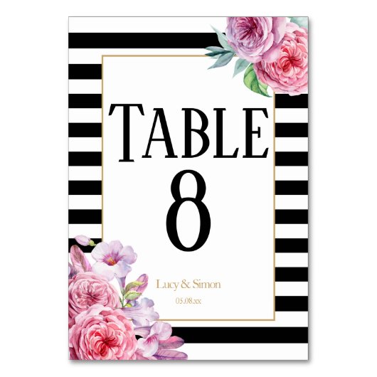 Roze rozen en strepen huwelijks tafelnummers (Voorkant)