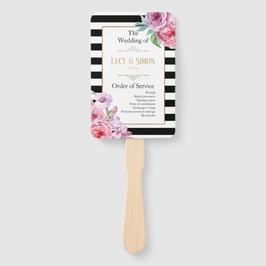 Roze Rozen en Strepen Trouwprogramma Handwaaier (Voorkant)