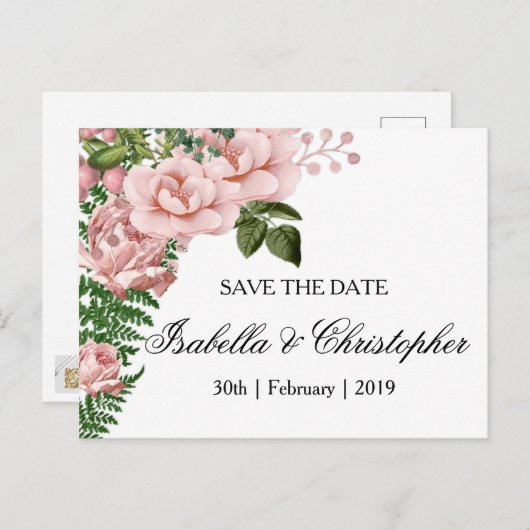 Roze rozen en strijken die de Datum sparen Aankondigingskaart (Voorkant / Achterkant)