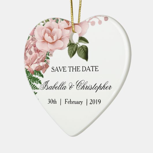 Roze rozen en strijken die de Datum sparen Keramisch Ornament (Links)