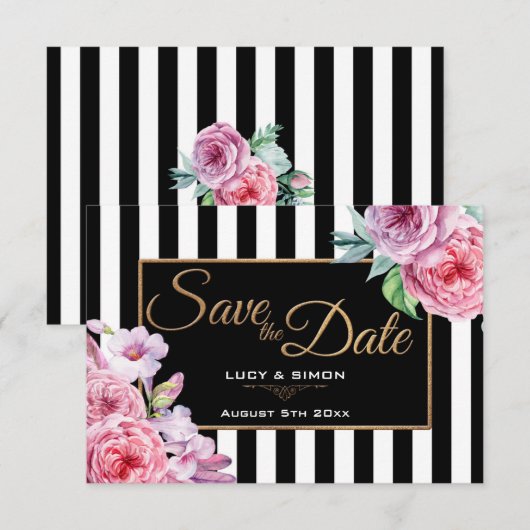 Roze rozen en stripes sparen de Kaart van de Datum (Voorkant / Achterkant)