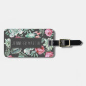 Roze rozen en Succulent Cactus Patroon op zwart Bagagelabel (Voorkant horizontaal)