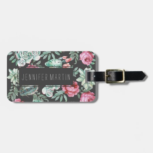 Roze rozen en Succulent Cactus Patroon op zwart Bagagelabel (Voorkant horizontaal)
