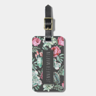 Roze rozen en Succulent Cactus Patroon op zwart Bagagelabel