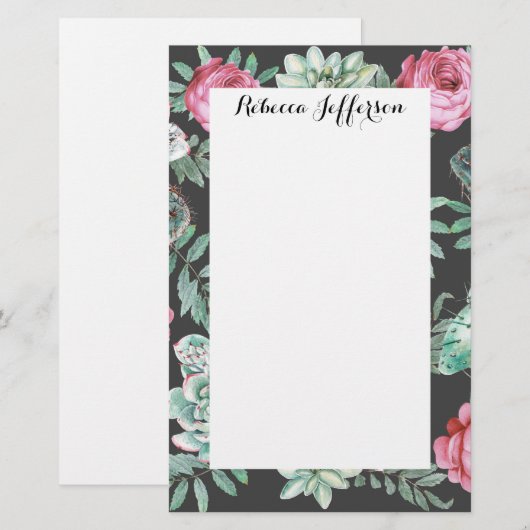 Roze rozen en Succulent Cactus Patroon op zwart Briefpapier (Voorkant / Achterkant)