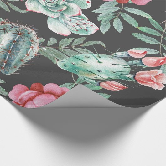 Roze rozen en Succulent Cactus Patroon op zwart Cadeaupapier (Hoek)