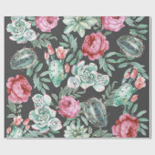 Roze rozen en Succulent Cactus Patroon op zwart Cadeaupapier (Vlak)
