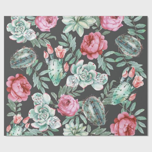 Roze rozen en Succulent Cactus Patroon op zwart Cadeaupapier (Vlak)