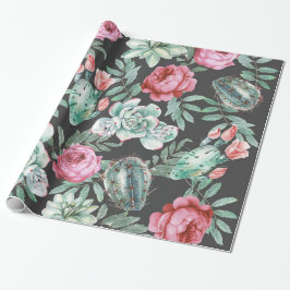Roze rozen en Succulent Cactus Patroon op zwart Cadeaupapier