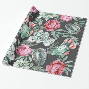 Roze rozen en Succulent Cactus Patroon op zwart Cadeaupapier