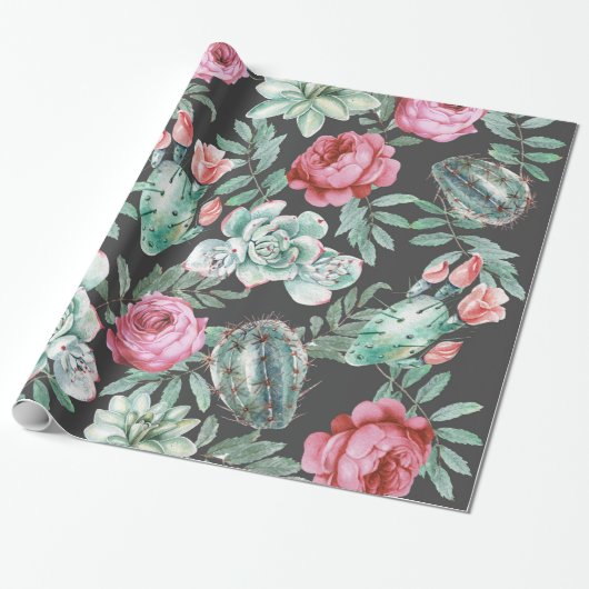 Roze rozen en Succulent Cactus Patroon op zwart Cadeaupapier (Uitgerold)