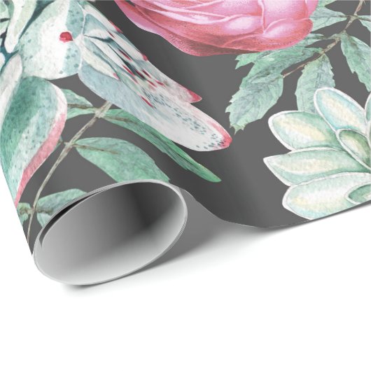 Roze rozen en Succulent Cactus Patroon op zwart Cadeaupapier (Rol Hoek)