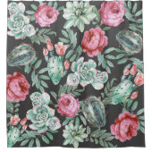 Roze rozen en Succulent Cactus Patroon op zwart Douchegordijn (Voorkant)