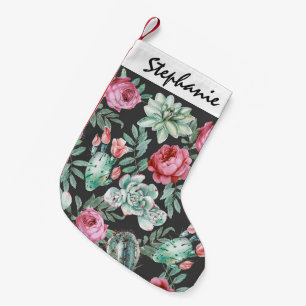 Roze rozen en Succulent Cactus Patroon op zwart Kleine Kerstsok