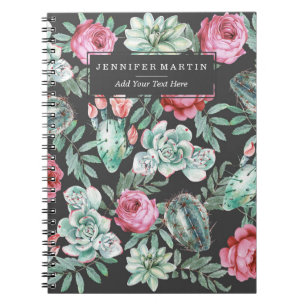 Roze rozen en Succulent Cactus Patroon op zwart Notitieboek