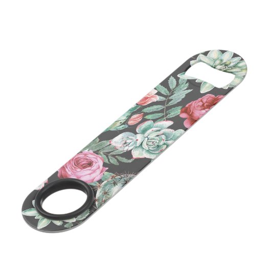 Roze rozen en Succulent Cactus Patroon op zwart Speed Flessenopener (Voorkant Gekanteld)