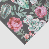 Roze rozen en Succulent Cactus Patroon op zwart Tissuepapier (Detail)