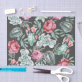 Roze rozen en Succulent Cactus Patroon op zwart Tissuepapier (Craft)