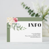Roze rozen en tak salie groene bruiloft details informatiekaartje (Staand voorkant)