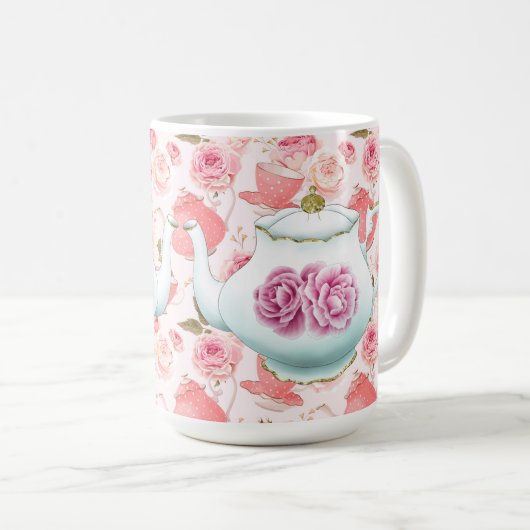 Roze rozen en theepotten koffiemok (Voorkant rechts)