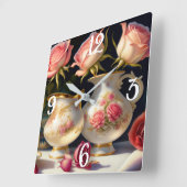 roze rozen en theepotten vierkante klok (Hoek)
