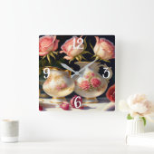 roze rozen en theepotten vierkante klok (Huis)