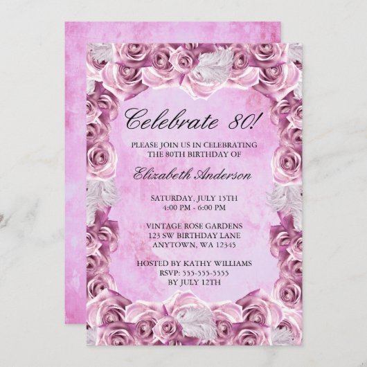  roze rozen en veerster 80e verjaardag kaart (Voorkant / Achterkant)