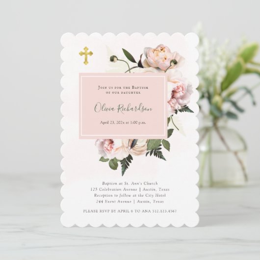  roze rozen en vetten met goud | Baptisme Kaart (Staand voorkant)