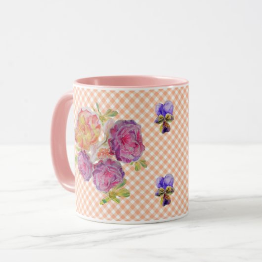 Roze Rozen en Viooltjes controleren Shabby Waterve Mok (Voorkant links)