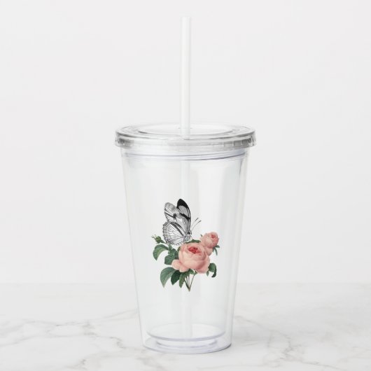 Roze Rozen en Vlinder Acryl Drinkbeker (Voorkant)