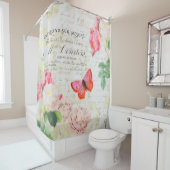 Roze rozen en vlinder douchegordijn (In situ)