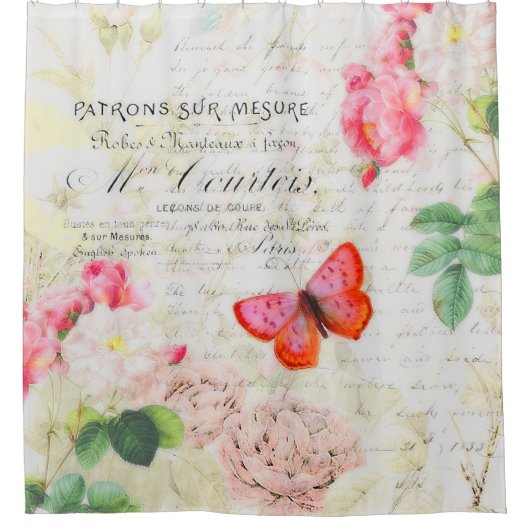 Roze rozen en vlinder douchegordijn (Voorkant)