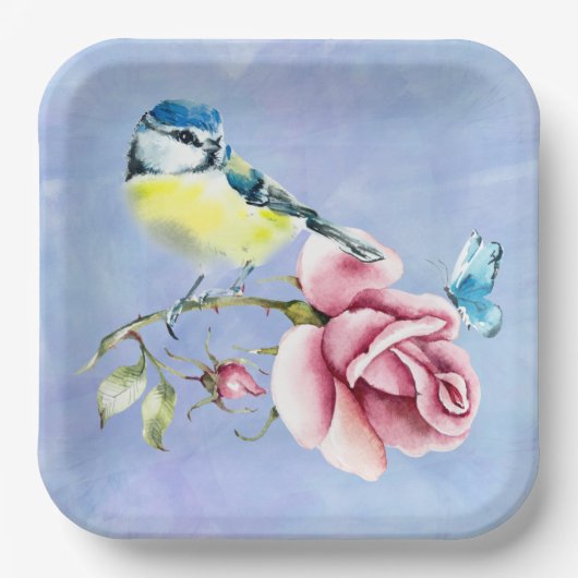 Roze Rozen en Vogelpapier Bord (Voorkant)