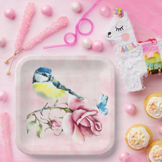 Roze Rozen en Vogelpapier Bord (Feest)