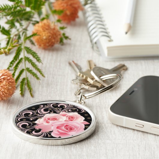 Roze rozen en wervelingen sleutelhanger (Zijkant)