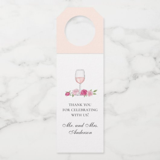 Roze rozen en wijn. Bloemen bruiloft dank u Flessenhanger (Voorkant)