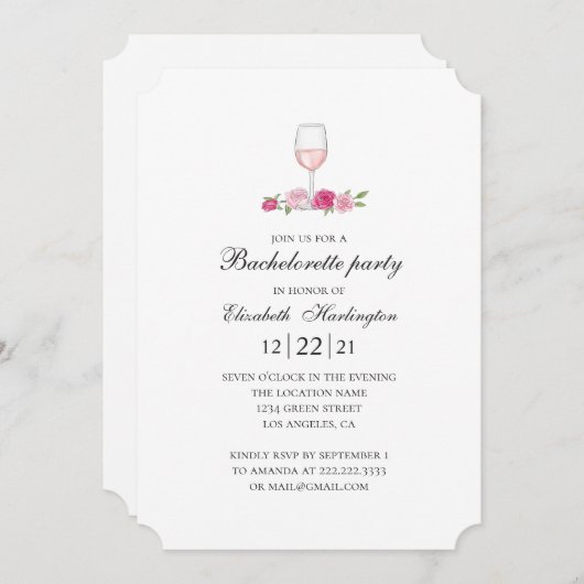 Roze rozen en wijn. Bloemen vrijgezellenfeest Kaart (Voorkant / Achterkant)