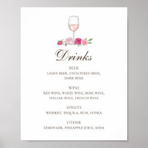 Roze rozen en wijn Drinken bar Floral bruiloft Poster