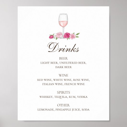 Roze rozen en wijn Drinken bar Floral bruiloft Poster (Voorkant)