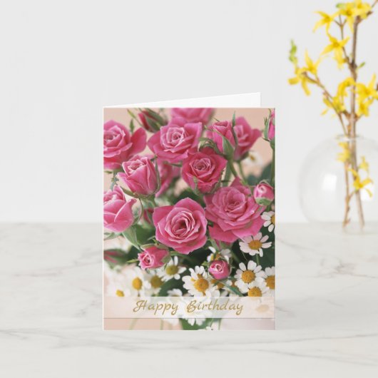 Roze rozen en witte daisy Verjaardag Kaart (Gele Bloem)
