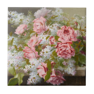  roze rozen en witte Lilacs Tile Tegeltje