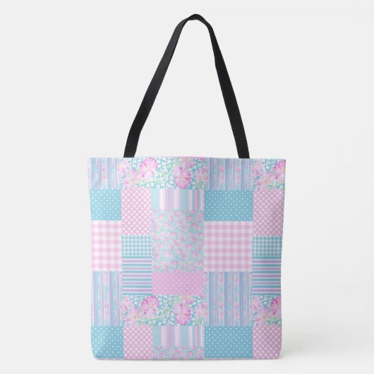 Roze Rozen en Witte Vlinders Faux Patchwork Tote Bag (Voorkant)