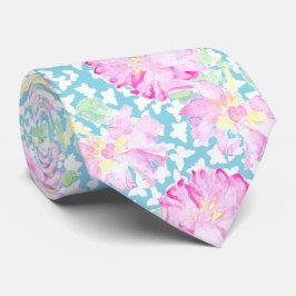 Roze Rozen en Witte Vlinders op Turkoois Blauw Stropdas