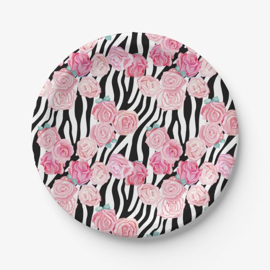 Roze rozen en zebra afdrukken papieren bordje (Voorkant)