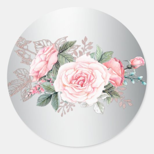 Roze rozen en zilverweddenschappen ronde sticker (Voorkant)