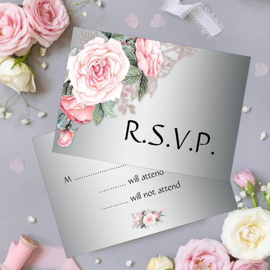 Roze rozen en zilverweddenschappen RSVP