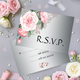 Roze rozen en zilverweddenschappen RSVP Kaartje