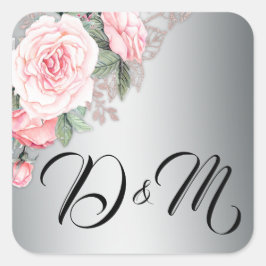 Roze rozen en zilverweddenschappen vierkante sticker