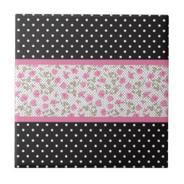 Roze rozen en zwart-wit polka stippen tegeltje