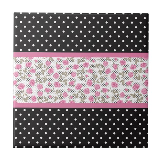 Roze rozen en zwart-wit polka stippen tegeltje (Voorkant)